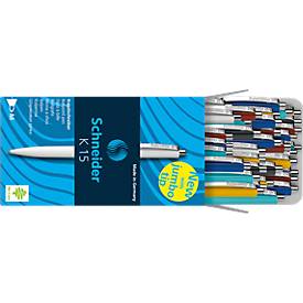 Kugelschreiber Schneider K15, Strichbreite Medium 1,0 mm, Schreibfarbe blau, Gehäuse farbsortiert, dokumentenecht, nachfüllbar, 50 Stück