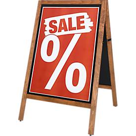 Kundenstopper update displays MULTI, für Innen & Außen, A1 Hochformat, 2-seitig, Magnetfolie, Kreidetafel, Buchenholz, B 704 x T 750 x H 1150 mm