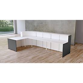 L-Theke Faro, 4-Elemente, 90° Winkel, mit Beratungsplatz, melaminharzbeschichtet, ABS-Kanten, B 3670 x T 1970 x 1120 mm, weiß/anthrazit