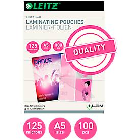 Laminierfolien Leitz iLAM 33807, A5 Hoch-& Querformat, Stärke 125 µm, L 222 x B 160 mm, PET, farblos, 100 Stück