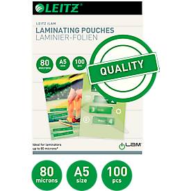 Laminierfolien Leitz iLAM 33817, A5 Hoch-& Querformat, Stärke 80 µm, L 222 x B 160 mm, PET, farblos, 100 Stück