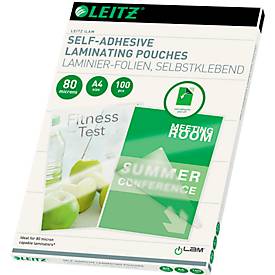 Laminierfolien Leitz iLAM, A4 Hoch-& Querformat, Stärke 80 µm, selbstklebende Rückseite, wiederablösbar, L 216 x B 303 mm, PET, farblos, 100 Stück