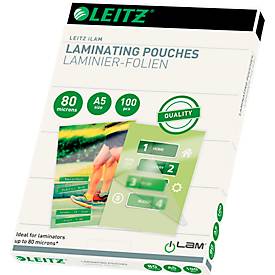 Laminierfolien Leitz iLAM, A5 Hoch-& Querformat, Stärke 80 µm, L 222 x B 160 mm, PET, farblos, 100 Stück