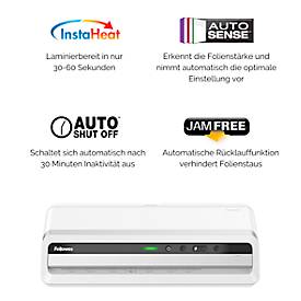 Laminiergerät Fellowes® Jupiter A3, bis A3, für Folienstärke bis 250 μ, 1400 mm/min, Auto-Rücklauf, Aufwärmzeit 1 min, 10 Laminierfolien, silber-weiß