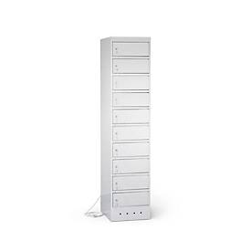 Laptopschrank mit Ladefunktion, 10 Abteile mit Zylinderschloss, Stahlblech lichtgrau RAL 7035/ lichtgrau RAL 7035