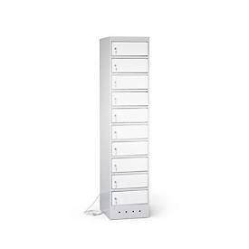 Laptopschrank mit Ladefunktion, 10 Abteile mit Zylinderschloss, Stahlblech lichtgrau RAL 7035/reinweiß RAL 9010