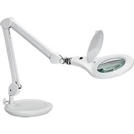 LED Lupenleuchte MAULmakro, 3-Dioptrien-Linse, 8 W, 580 lm, 6500 K, Arm um 360° dreh-& neigbar, höhenverstellbar, Standfuß, weiß
