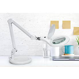 LED Lupenleuchte MAULmakro, 3-Dioptrien-Linse, 8 W, 580 lm, 6500 K, Arm um 360° dreh-& neigbar, höhenverstellbar, Standfuß, weiß