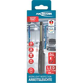 LED-Werkstattleuchte Ansmann IL500R, 500 lm (Hauptleuchte), 130 lm (Knopfleuchte), bis zu 12 h, IP20, IK07, B 43 × T 33 x H 320 mm, schwarz