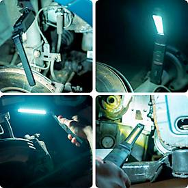 LED-Werkstattleuchte Ansmann IL500R, 500 lm (Hauptleuchte), 130 lm (Knopfleuchte), bis zu 12 h, IP20, IK07, B 43 × T 33 x H 320 mm, schwarz