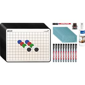 Legamaster-leerbord-starterset, 43-delig, bord in staand/liggend formaat, dubbelzijdig, blanco/geruit, magnetisch, B 302 x H 226 mm, geëmailleerd staal, wit