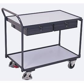 Leichter ESD-Tischwagen, Stahl/Spanplatte, Graphitgrau/Lichtgrau, 2 Etagen, L 985 x B 605 mm, 2 Schubladen, TPE-Rollen mit EasySTOP, bis 250 kg