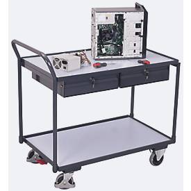 Leichter ESD-Tischwagen, Stahl/Spanplatte, Graphitgrau/Lichtgrau, 2 Etagen, L 985 x B 605 mm, 2 Schubladen, TPE-Rollen mit EasySTOP, bis 250 kg
