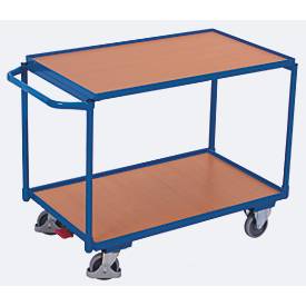 Leichter Tischwagen, Stahl/MDF-Platte, Enzianblau/Buche-Dekor, 2 Etagen, L 835 x B 505 mm, TPE-Rollen mit EasySTOP, bis 250 kg