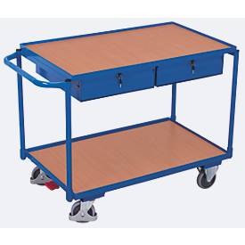 Leichter Tischwagen, Stahl/MDF-Platte, Enzianblau/Buche-Dekor, 2 Etagen, L 985 x B 605 mm, 2 Schubladen, TPE-Rollen mit EasySTOP, bis 250 kg