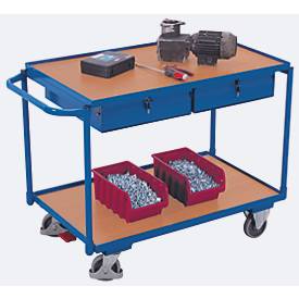 Leichter Tischwagen, Stahl/MDF-Platte, Enzianblau/Buche-Dekor, 2 Etagen, L 985 x B 605 mm, 2 Schubladen, TPE-Rollen mit 