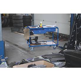 Leichter Tischwagen, Stahl/MDF-Platte, Enzianblau/Buche-Dekor, 2 Etagen, L 985 x B 605 mm, 2 Schubladen, TPE-Rollen mit EasySTOP, bis 250 kg