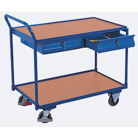 Leichter Tischwagen, Stahl/MDF-Platte, Enzianblau/Buche-Dekor, 2 Etagen, L 985 x B 605 mm, 2 Schubladen, TPE-Rollen mit EasySTOP, bis 250 kg