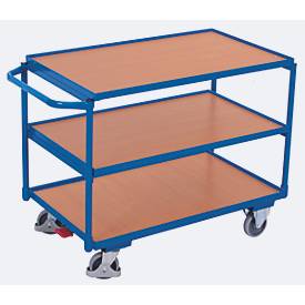 Leichter Tischwagen, Stahl/MDF-Platte, Enzianblau/Buche-Dekor, 3 Etagen, L 835 x B 505 mm, TPE-Rollen mit EasySTOP, bis 250 kg