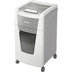 Leitz IQ Autofeed Office 300 Aktenvernichter P5, Vollautomatik, Mikroschnitt 2 x 15 mm, 60 l, 300 Blatt Schnittleistung, mit Rollen, weiß