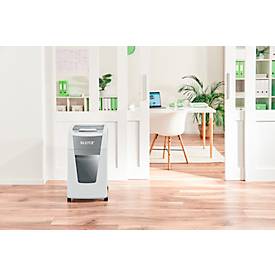 Leitz IQ Autofeed Office 300 Aktenvernichter P5, Vollautomatik, Mikroschnitt 2 x 15 mm, 60 l, 300 Blatt Schnittleistung, mit Rollen, weiß
