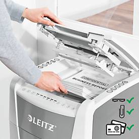 Leitz IQ Autofeed Office 300 Aktenvernichter P5, Vollautomatik, Mikroschnitt 2 x 15 mm, 60 l, 300 Blatt Schnittleistung, mit Rollen, weiß