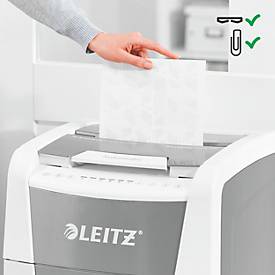 Leitz IQ Autofeed Office 300 Aktenvernichter P5, Vollautomatik, Mikroschnitt 2 x 15 mm, 60 l, 300 Blatt Schnittleistung, mit Rollen, weiß