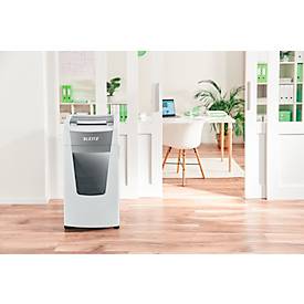 Leitz IQ Autofeed Office Pro 600 Aktenvernichter P4, Vollautomatik, Partikelschnitt 4 x 36 mm, 110 l, 600 Blatt Schnittleistung, mit Rollen, weiß