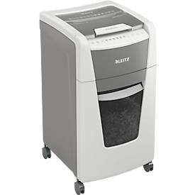 Leitz IQ Autofeed Office Pro 600 Aktenvernichter P4, Vollautomatik, Partikelschnitt 4 x 36 mm, 110 l, 600 Blatt Schnittleistung, mit Rollen, weiß