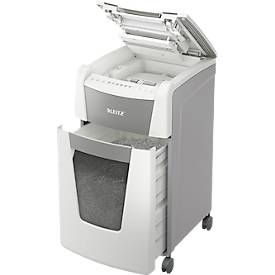 Leitz IQ Autofeed Office Pro 600 Aktenvernichter P4, Vollautomatik, Partikelschnitt 4 x 36 mm, 110 l, 600 Blatt Schnittleistung, mit Rollen, weiß