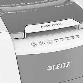 Leitz IQ Autofeed Small Office 100 Aktenvernichter P4, Vollautomatik, Partikelschnitt 4 x 30 mm, 34 l, 100 Blatt Schnittleistung, weiß