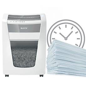 Leitz IQ Office Pro Aktenvernichter P5+, Super-Mikroschnitt 2 x 5 mm, 30 l, 7 Blatt Schnittleistung, Anti-Papierstau-Technologie, mit Rollen, weiß