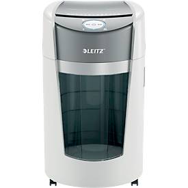 Leitz IQ OptiMax Office Aktenvernichter, Mikropartikelschnitt 2 x 15 mm, P-5, 35 l, 10 Blatt Schnittleistung, Rotationstechnologie, mit Rollen, weiß