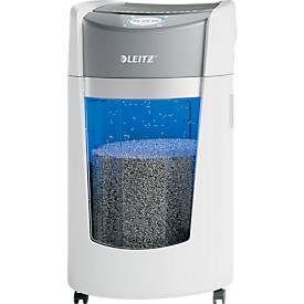 Leitz IQ OptiMax Office Aktenvernichter, Mikropartikelschnitt 2 x 15 mm, P-5, 35 l, 10 Blatt Schnittleistung, Rotationstechnologie, mit Rollen, weiß