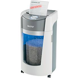 Leitz IQ OptiMax Office Aktenvernichter, Mikropartikelschnitt 2 x 15 mm, P-5, 35 l, 10 Blatt Schnittleistung, Rotationstechnologie, mit Rollen, weiß