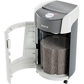 Leitz IQ OptiMax Office Aktenvernichter, Mikropartikelschnitt 2 x 15 mm, P-5, 35 l, 10 Blatt Schnittleistung, Rotationstechnologie, mit Rollen, weiß