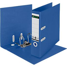 LEITZ® Ordner Recycle, DIN A4, Rückenbreite 80 mm, 180°-Hebelmechanik, Rückenschild & Griffloch, zu 100 % recycelbar, blau