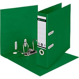 LEITZ® Ordner Recycle, DIN A4, Rückenbreite 80 mm, 180°-Hebelmechanik, Rückenschild & Griffloch, zu 100 % recycelbar, grün