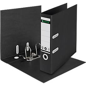 LEITZ® Ordner Recycle, DIN A4, Rückenbreite 80 mm, 180°-Hebelmechanik, Rückenschild & Griffloch, zu 100 % recycelbar, schwarz