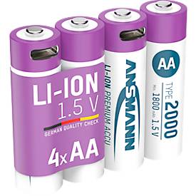 Li-Ion Akkus ANSMANN Mignon AA, 1,5 V, Typ 2000 (min. 1800 mAh), 3,26 Wh, Type C Ladung, 4 Stück