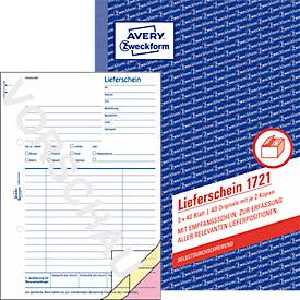Lieferscheine Avery Zweckform 1721, mit Empfangsschein, Format A5, 1 Buch mit 3 x 40 Blatt, FSC®-Papier, weiß/gelb/rosa