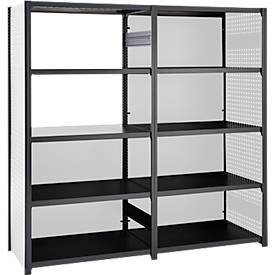 Lochblechwand für Grundregal/Anbauregal ORDO Business, multifunktional, Quadratlochung 10-38 mm, magnethaftend, B 500 x H 2000 mm, Stahl, tiefschwarz matt RAL 9005