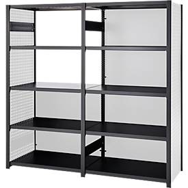 Lochblechwand für Grundregal/Anbauregal ORDO Business, multifunktional, Quadratlochung 10-38 mm, magnethaftend, B 600 x H 2500 mm, Stahl, tiefschwarz matt RAL 9005