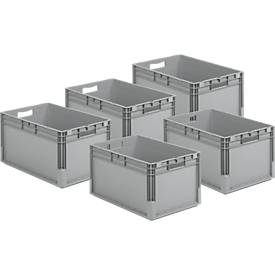 Lot éco 5 pièces Euro Box ELB 6320, en polypropylène, capacité 64 l, gris, dim. ext. L 600 x P 400 x H 320 mm 