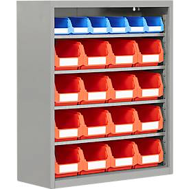 Magazinregal, 830 mm hoch, 6 Böden, 22 Kästen, weißalu