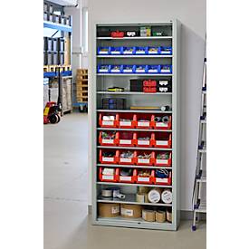 Magazinregal C+P Serie 13, mit 28 Sichtlagerkästen SSI Schäfer Serie PROFI LF 211/221, 10 Fachböden, abschließbar, B 700 x T 300 x H 1690 mm, Stahl, lichtgrau RAL 7035