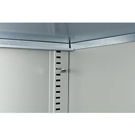 Magazinregal C+P Serie 13, mit 28 Sichtlagerkästen SSI Schäfer Serie PROFI LF 211/221, 10 Fachböden, abschließbar, B 700 x T 300 x H 1690 mm, Stahl, lichtgrau RAL 7035