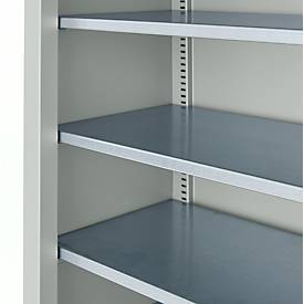 Magazinregal C+P Serie 13, mit 28 Sichtlagerkästen SSI Schäfer Serie PROFI LF 211/221, 10 Fachböden, abschließbar, B 700 x T 300 x H 1690 mm, Stahl, lichtgrau RAL 7035