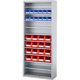 Magazinregal C+P Serie 13, mit 28 Sichtlagerkästen SSI Schäfer Serie PROFI LF 211/221, 10 Fachböden, abschließbar, B 700 x T 300 x H 1690 mm, Stahl, weißaluminium RAL 9006