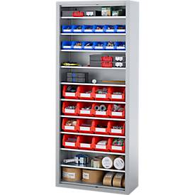 Magazinregal C+P Serie 13, mit 28 Sichtlagerkästen SSI Schäfer Serie PROFI LF 211/221, 10 Fachböden, abschließbar, B 700 x T 300 x H 1690 mm, Stahl, weißaluminium RAL 9006
